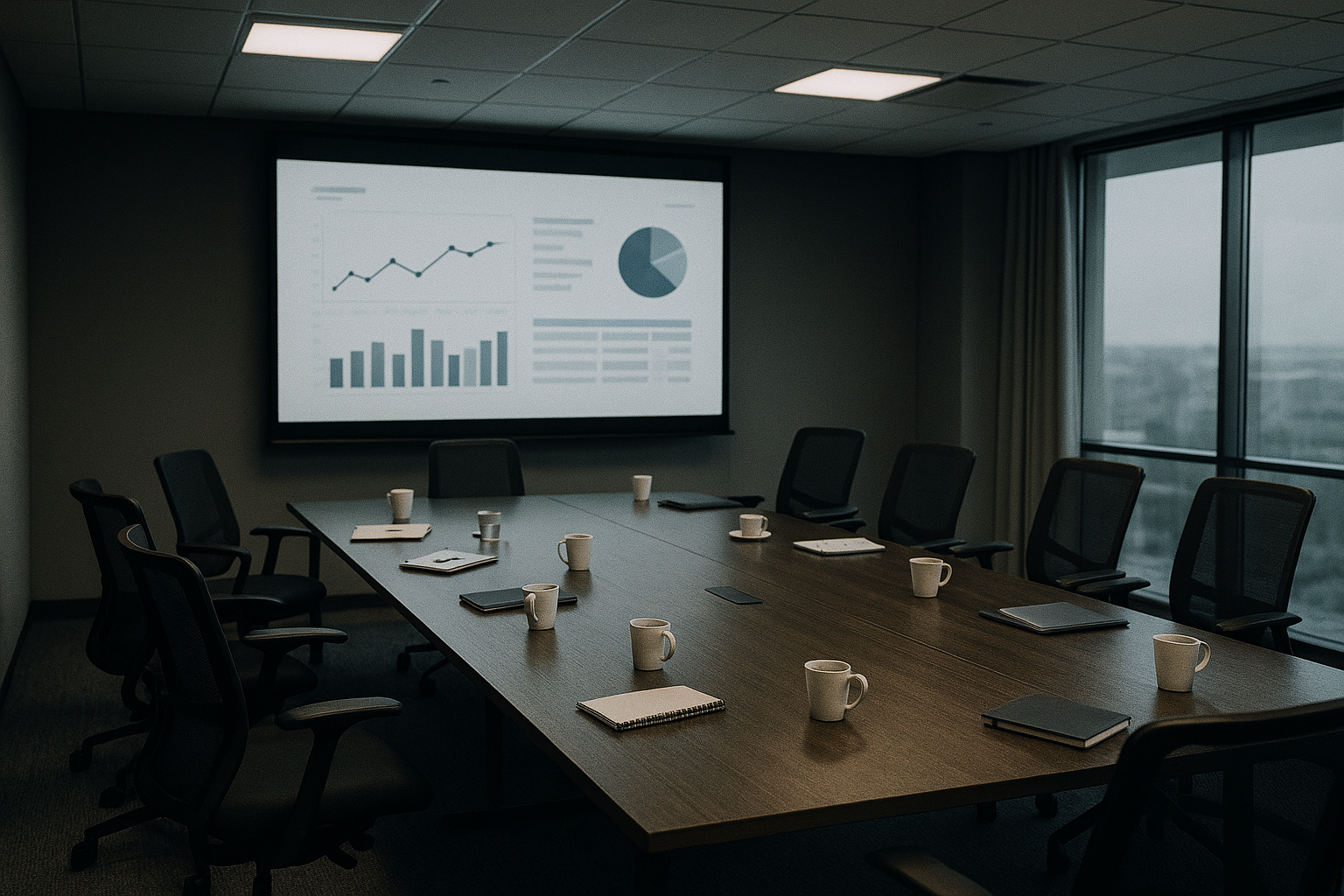 An empty corporate conference room after a meeting, screen still glowing with a presentation, illustrating the gap between a compelling AI demo and the reality of enterprise AI implementation.