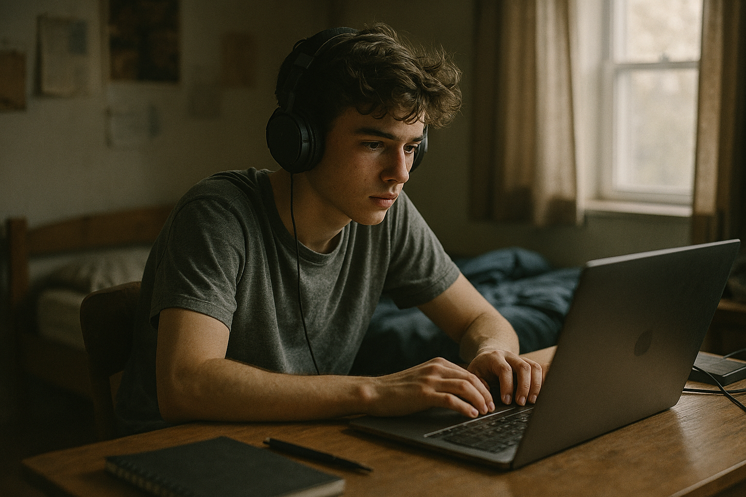A teenage boy with headphones focused on a laptop in his bedroom, illustrating how AI accessibility tools enable young people to create things that wouldn't have been possible before.