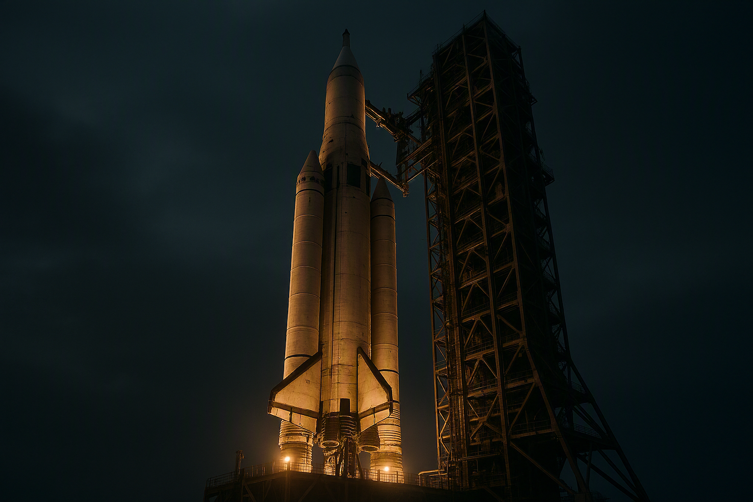 A large rocket illuminated by floodlights on a launch pad at night, viewed from ground level, representing the recurring cycle of AI investment and the pursuit of technological escape velocity.