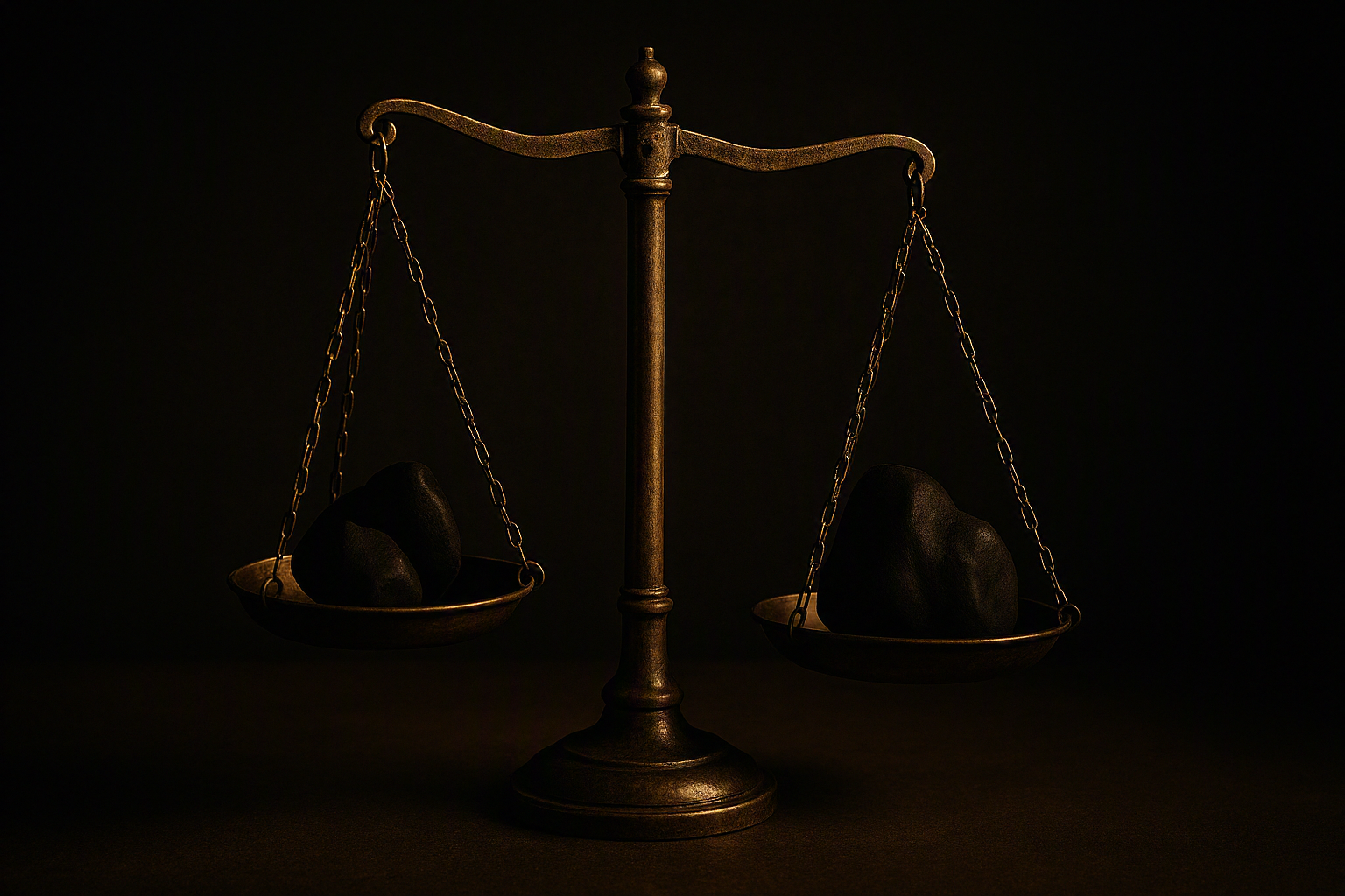 An antique balance scale tipped to one side in dramatic lighting, representing the imbalance in AI investment priorities between profit-driven applications and meaningful human progress.