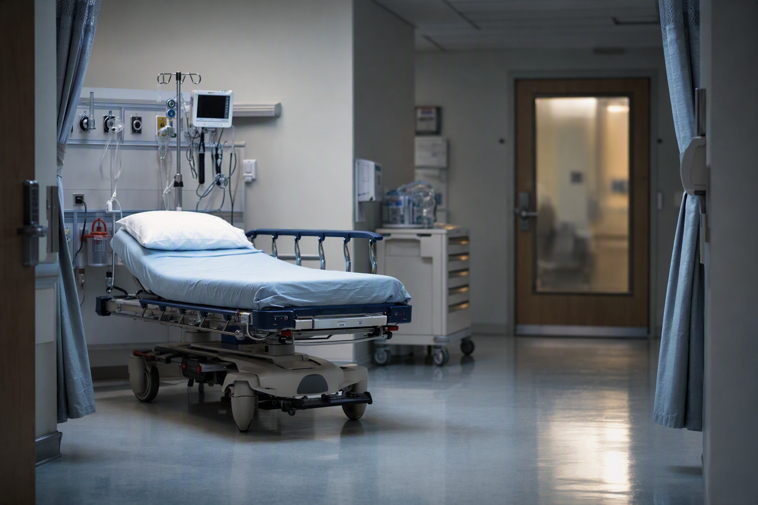Unplanned work shown as an empty hospital emergency room bay with a ready gurney under bright light and a closed scheduled-appointment door blurred in the background, representing triage-based work versus requirements-first planning.